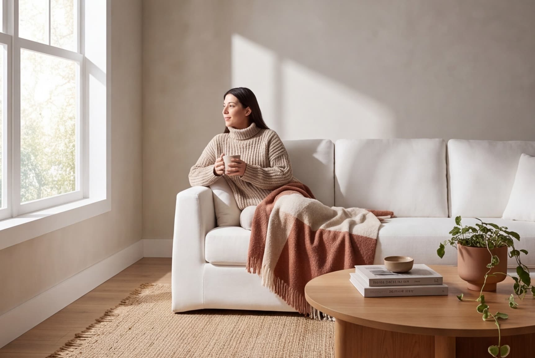 Modern living room with a wood coffee table, tight-weave gray sofa on raised legs and nesting tables near a sunny window