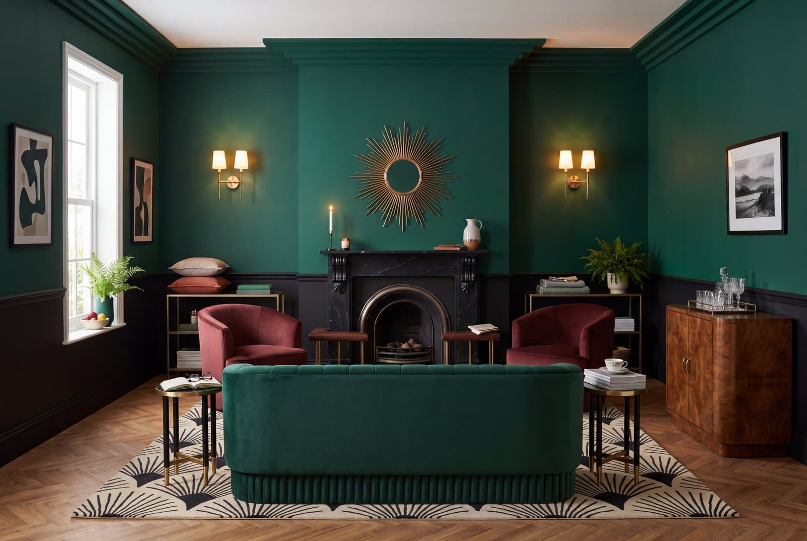 An art deco living room with a fluted emerald velvet sofa, a black and brass sunburst mirror, stepped cornices and a fan-patterned rug on a herringbone floor
