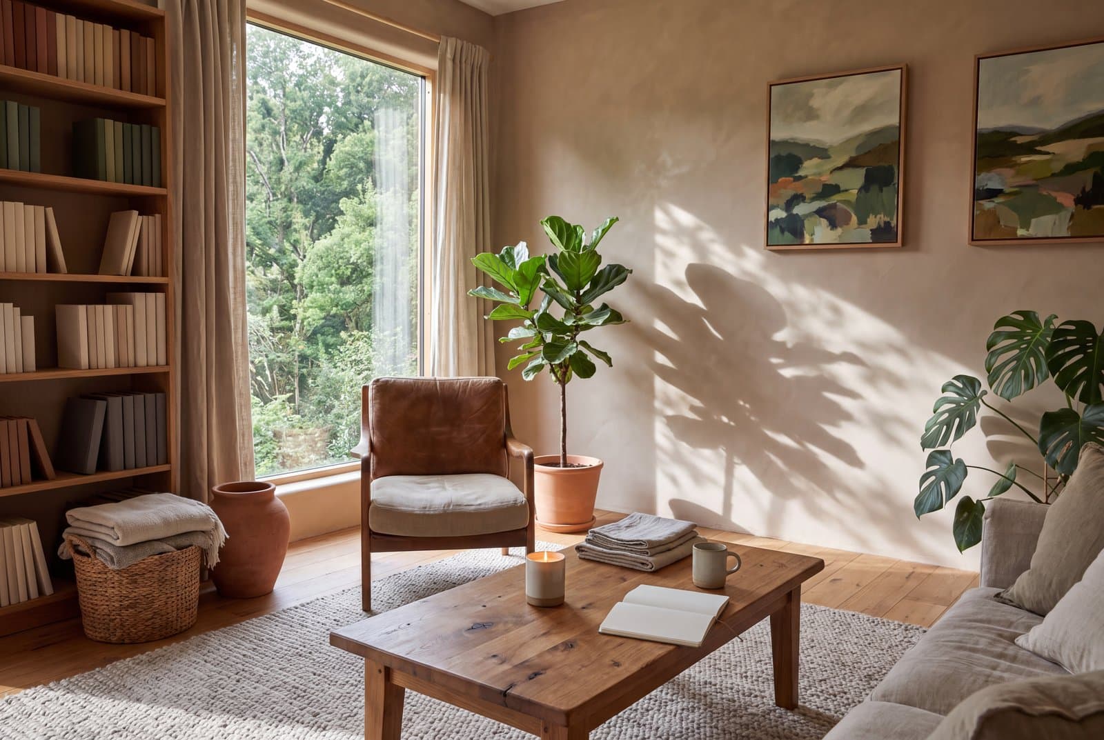 A biophilic living room with a clear window onto trees, a timber table, plaster walls and large-leaved plants in floor pots