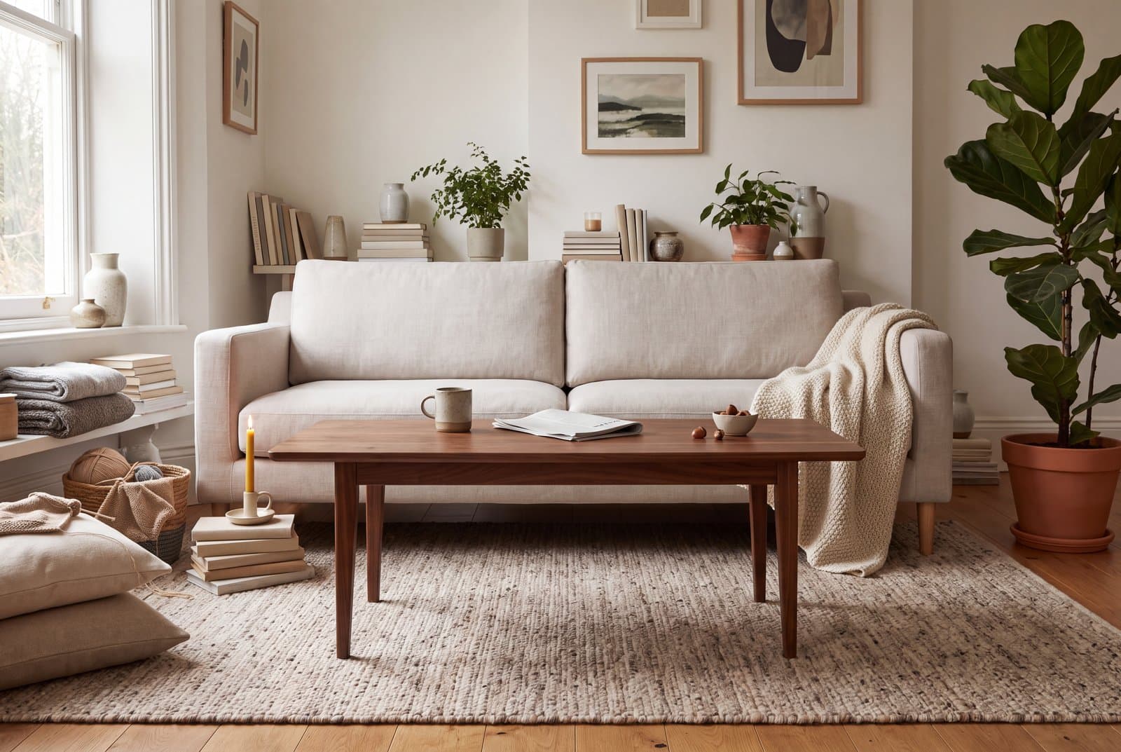 A low walnut coffee table sitting level with the seat of a linen sofa, with a measured gap of floor between them and a wool rug running under both