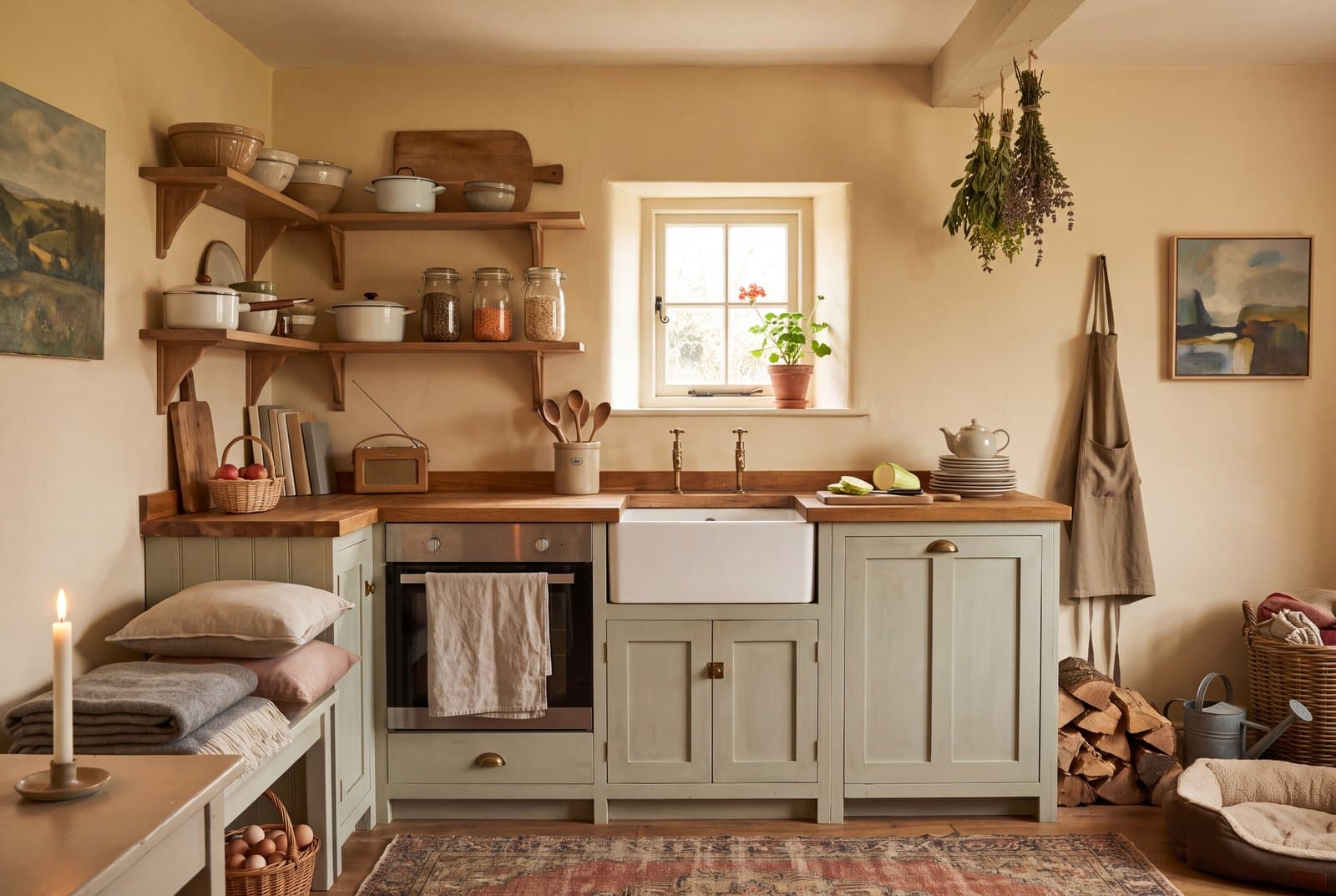 A cottagecore kitchen with sage painted cabinets, a butcher-block counter, a farmhouse sink and open shelves of mismatched stoneware