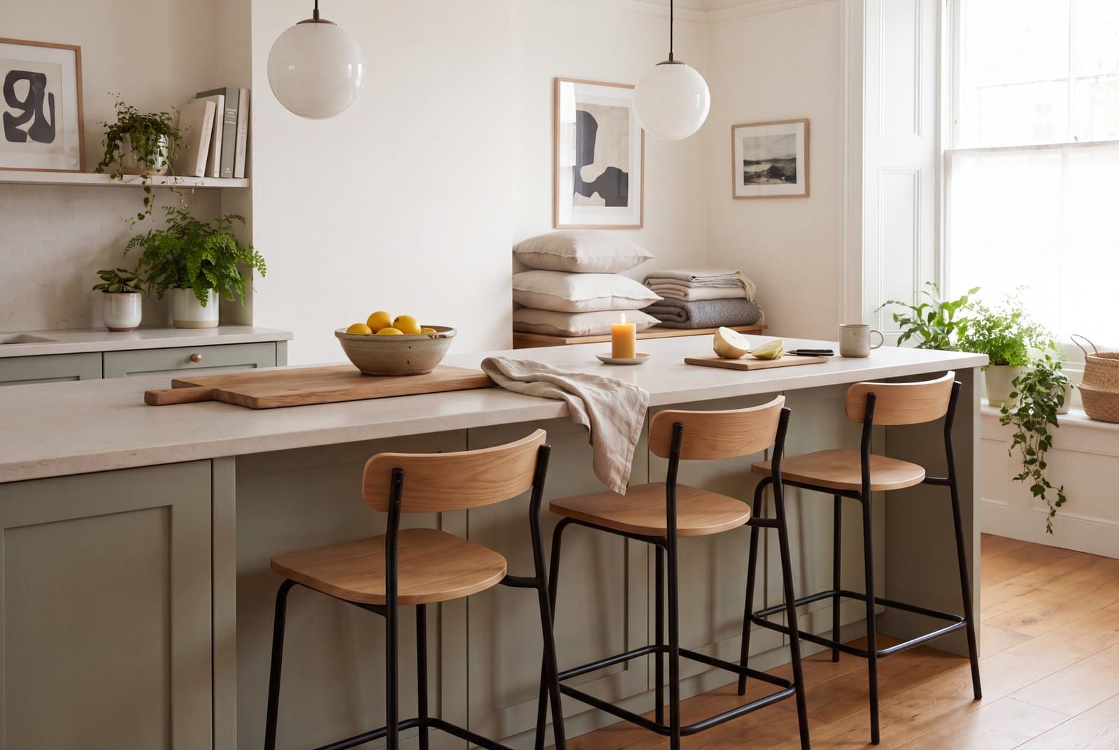 Three counter stools with wooden seats and black frames tucked under a kitchen island, showing an even gap between each seat and the underside of the counter