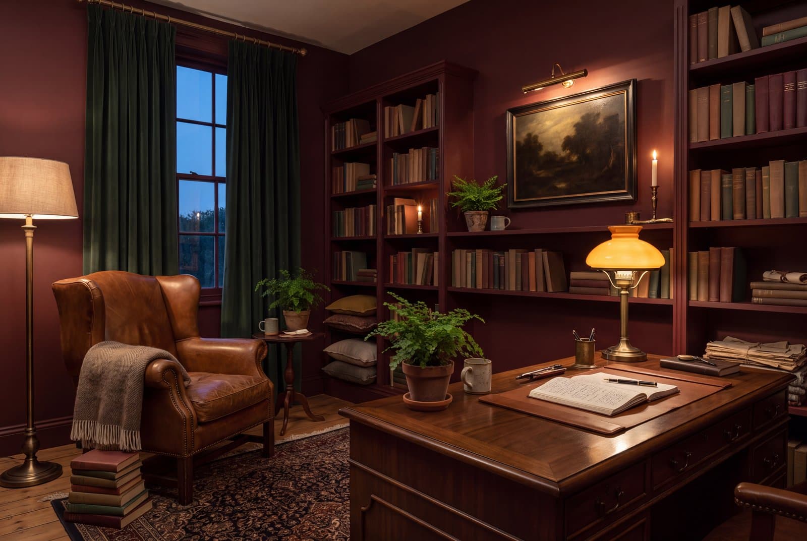 A dark academia study at dusk with oxblood walls, floor-to-ceiling shelves of plain-bound books, a leather chair and a brass desk lamp lit against the gloom