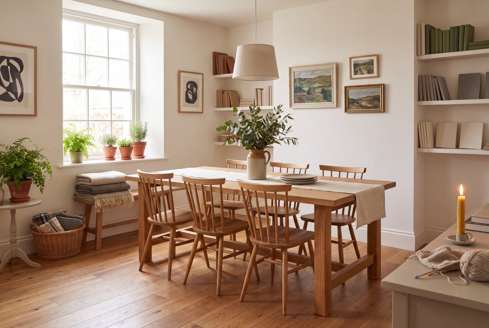 A rectangular oak dining table with six spindle-backed chairs pushed in, showing clear space between the seat and the underside of the tabletop