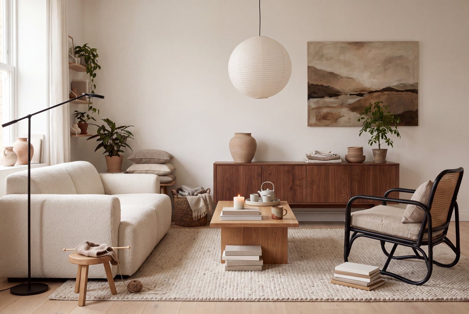 A japandi living room with a low boucle sofa, a solid oak coffee table and a walnut sideboard, lit by a paper pendant