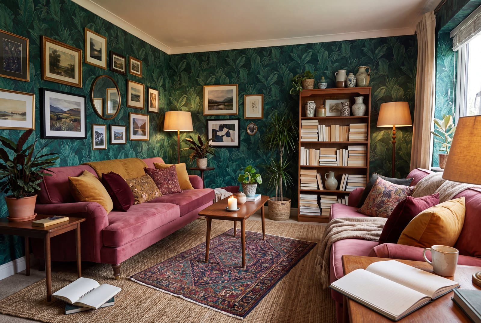 A maximalist living room with deep green patterned wallpaper, a velvet sofa, layered rugs and a densely hung gallery wall in mixed gold frames