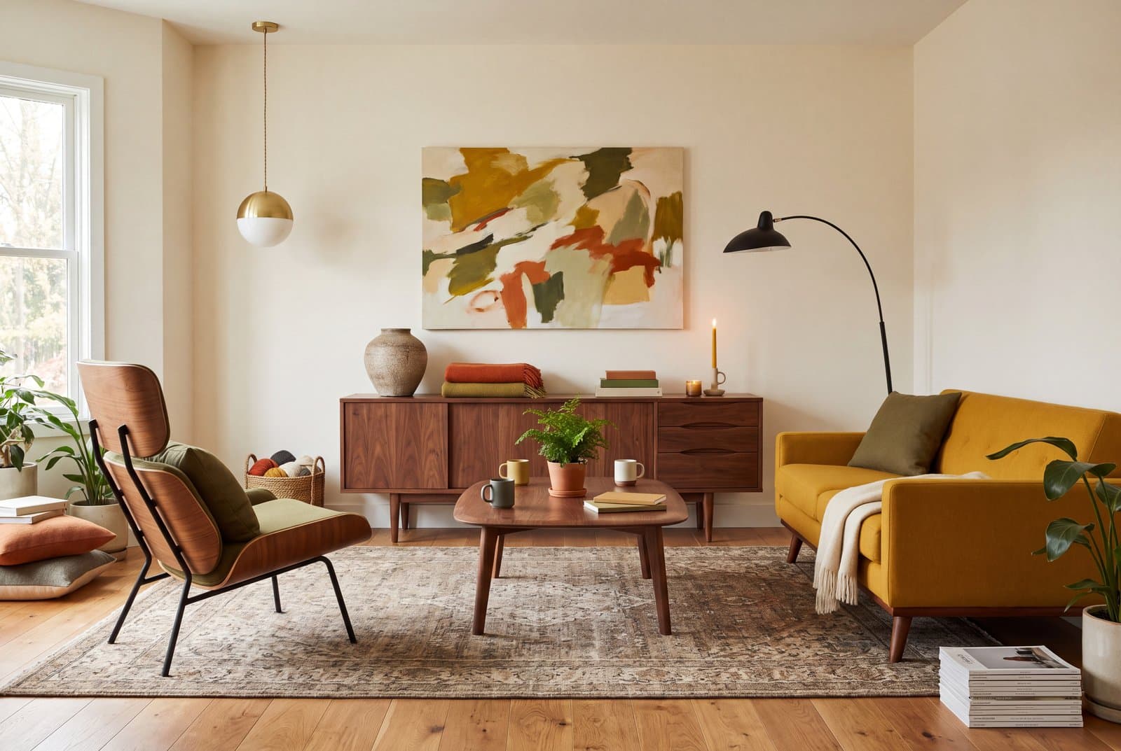 A mid century modern living room with a walnut-legged sofa in mustard wool, a low walnut credenza, a globe pendant and a large window onto trees