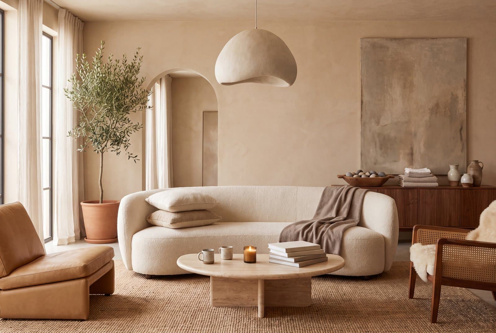 An organic modern living room with a curved cream boucle sofa, a rounded travertine coffee table and a large olive tree