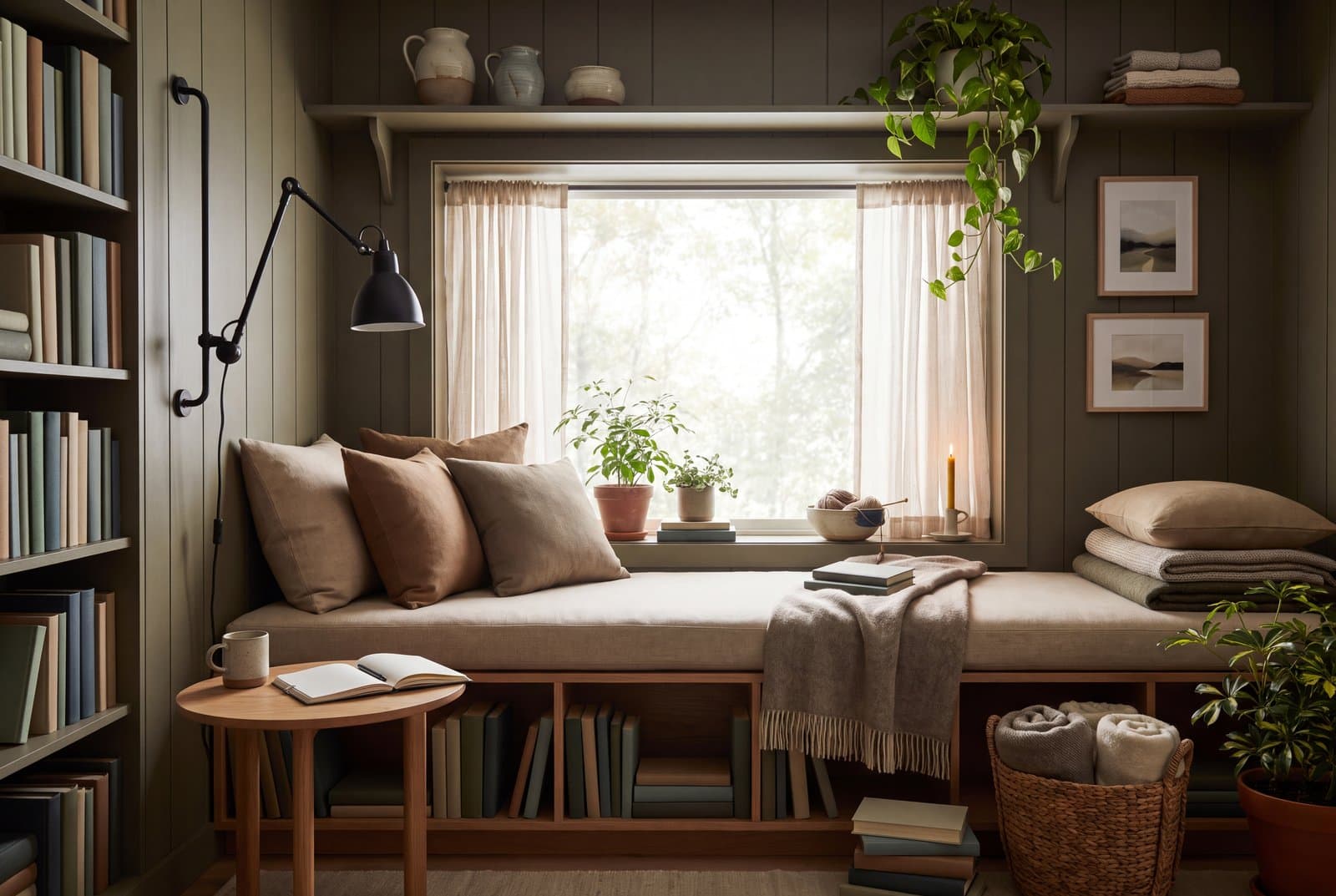 A window reading nook with a cushioned bench seat, book storage below and a swing-arm lamp against a deep green panelled wall