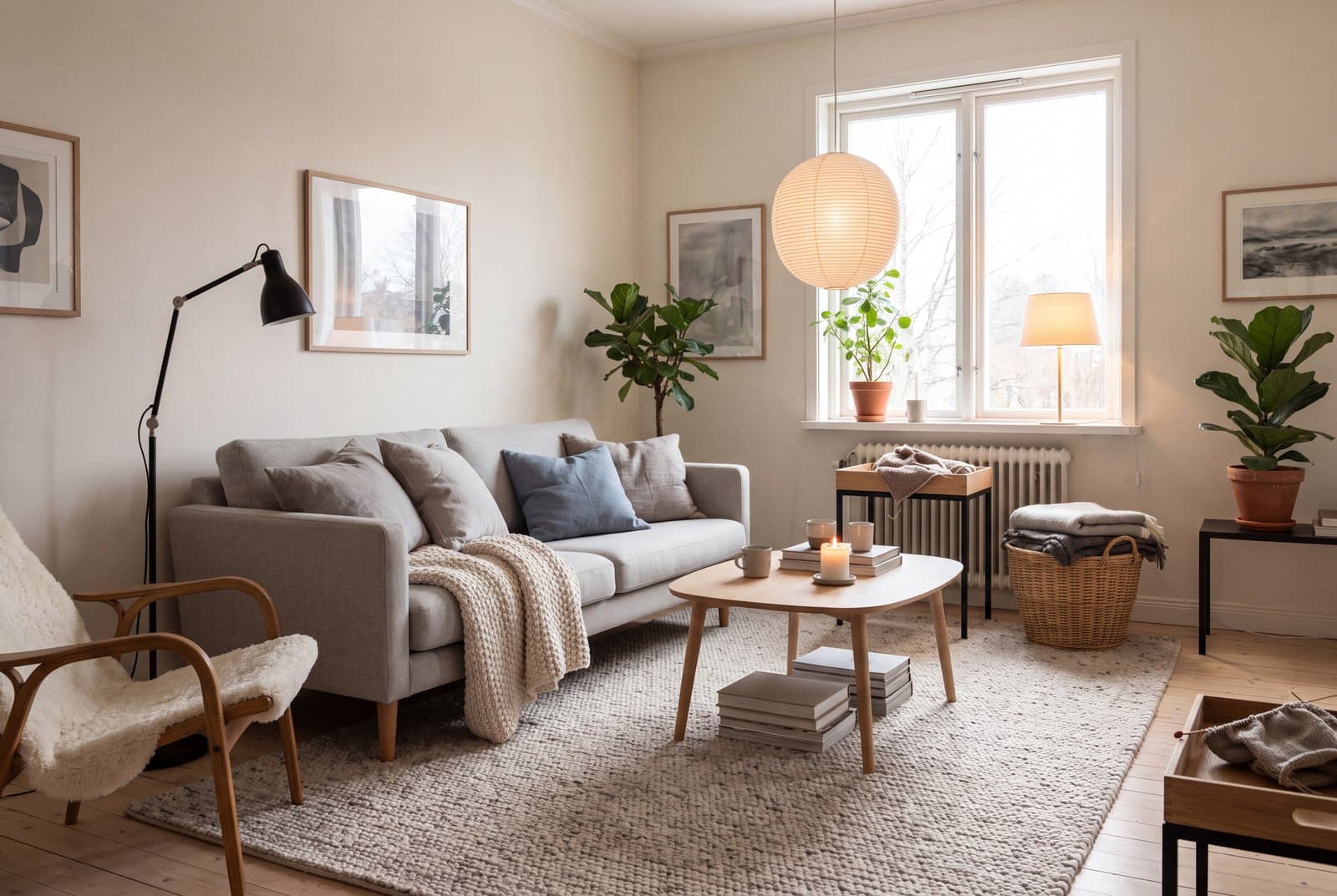 A Scandinavian living room in winter afternoon light with pale oak floors, a light wool sofa, a sheepskin over a bentwood chair and three lamps lit at different heights