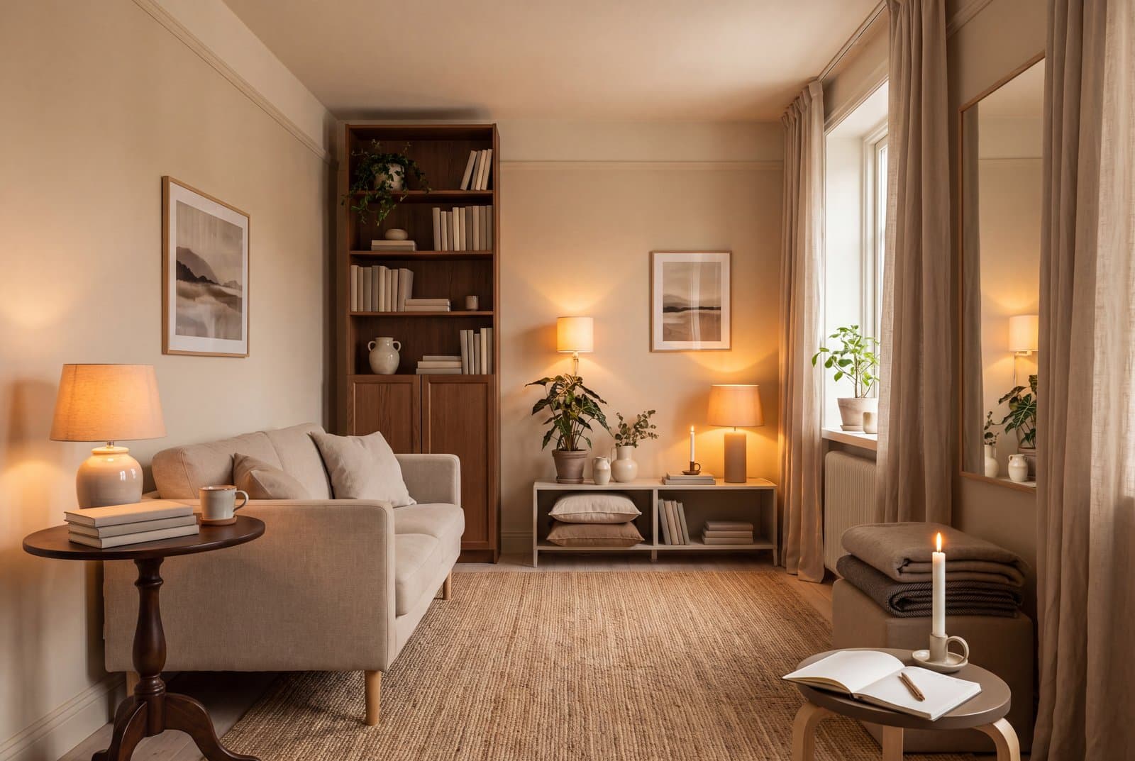 A small apartment living room with a leggy sofa, a large rug, ceiling-height curtains and lamps at three different heights