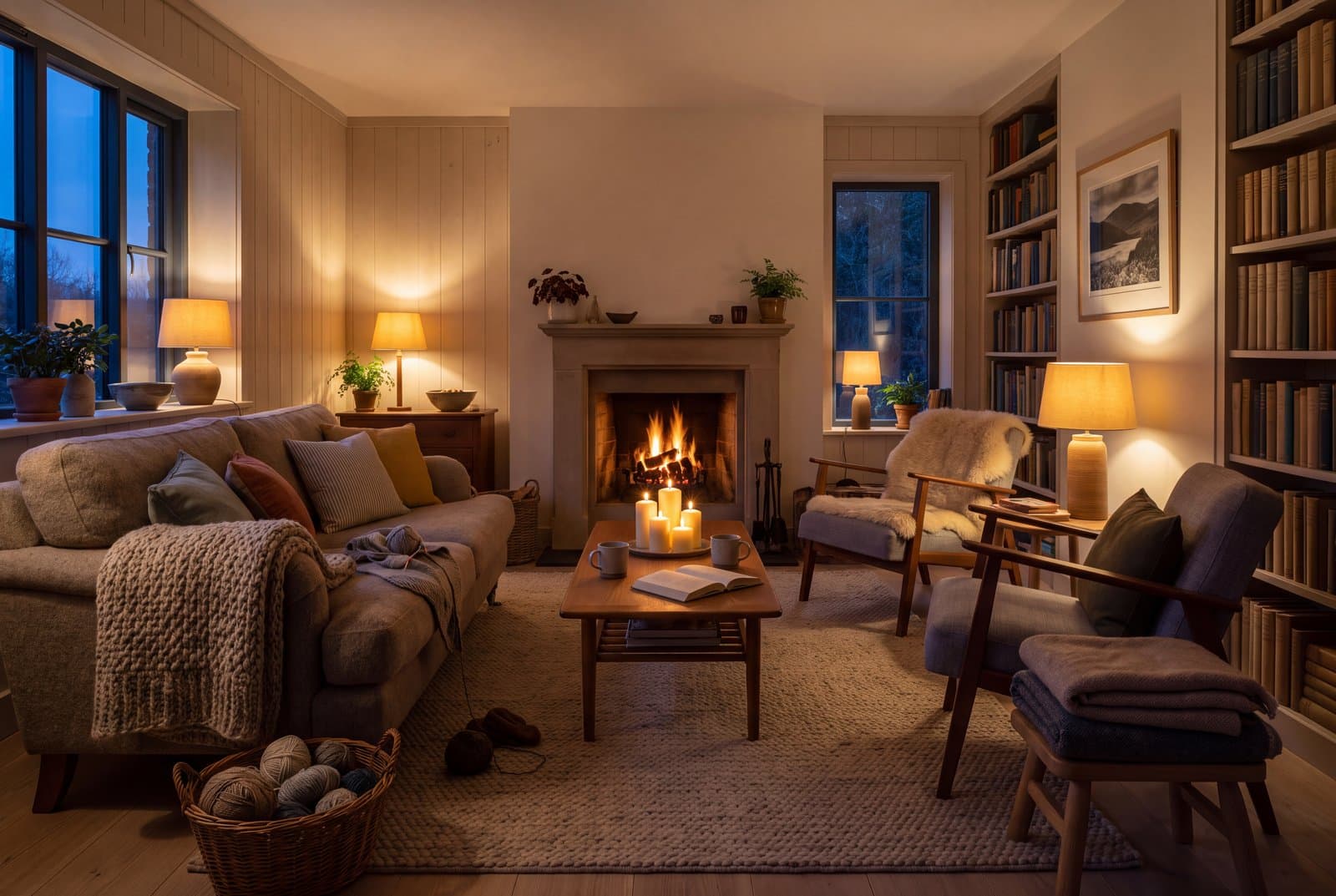 A hygge living room in the evening, lit only by lamps, candles and an open fire, with layered wool throws and a basket of yarn