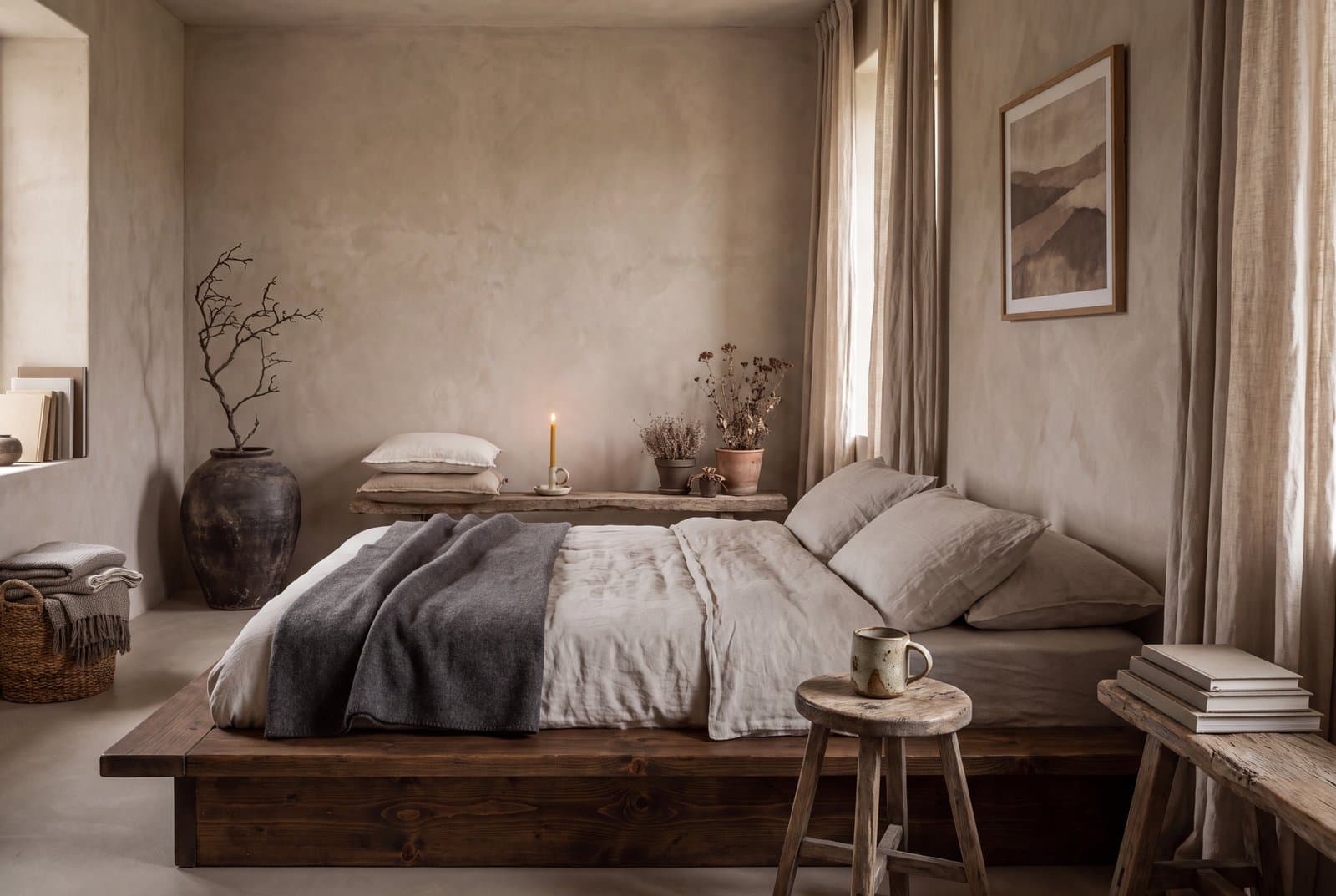 A wabi-sabi bedroom with limewash plaster walls, a low timber platform bed and creased washed linen in bone and stone