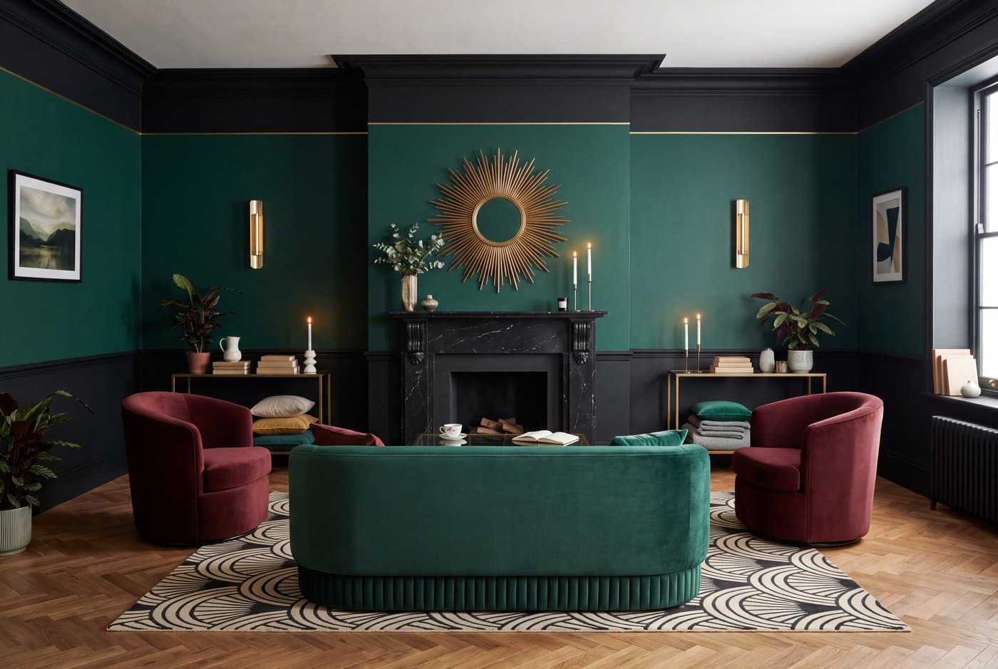 An art deco living room arranged symmetrically around a black marble fireplace, with a fluted emerald velvet sofa and a sunburst mirror