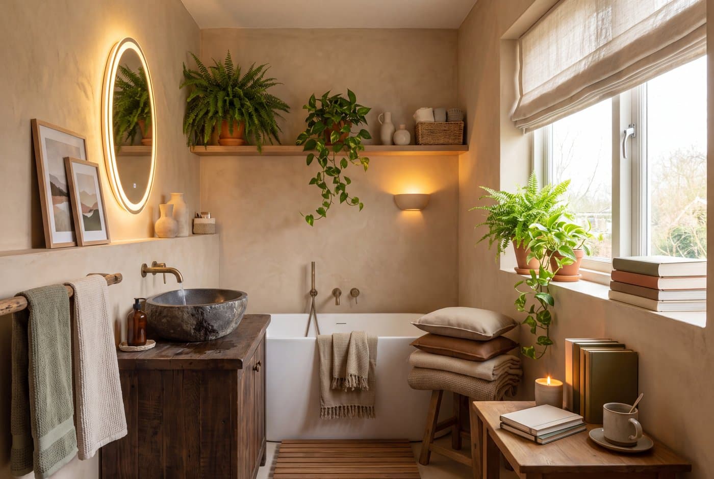 A biophilic bathroom with a stone basin, a timber vanity, a microcement wall and ferns thriving in the humidity