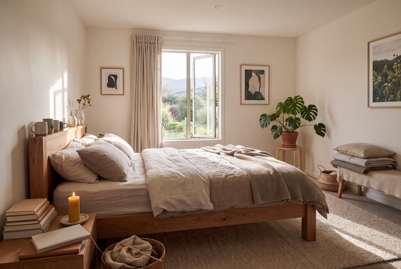 A biophilic bedroom with morning daylight reaching the bed, natural fibre linen bedding, a timber frame and a window opened slightly