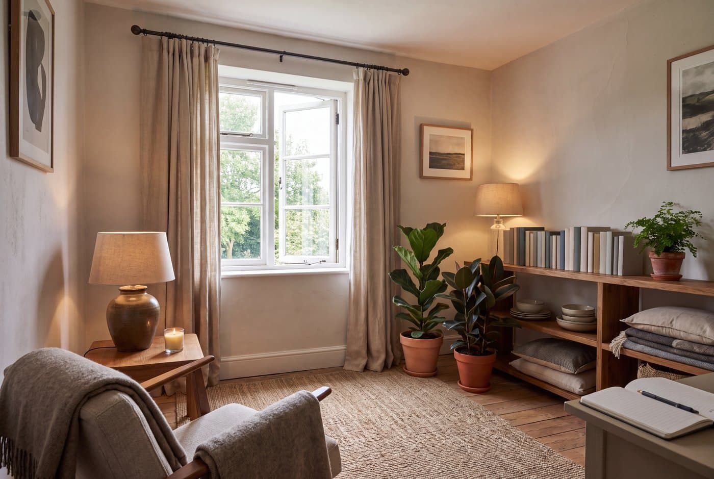 A rented room made biophilic for almost nothing: cleared windowsill, longer curtain rod, warm lamps, a jute rug and two large plants