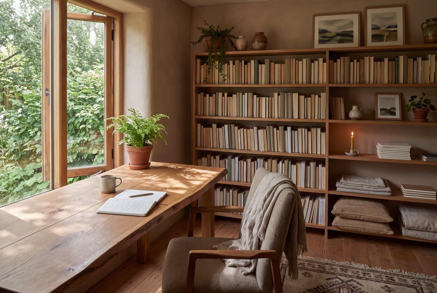 A biophilic home office with the desk perpendicular to the window, a bookcase providing refuge behind the chair and a plant at eye level