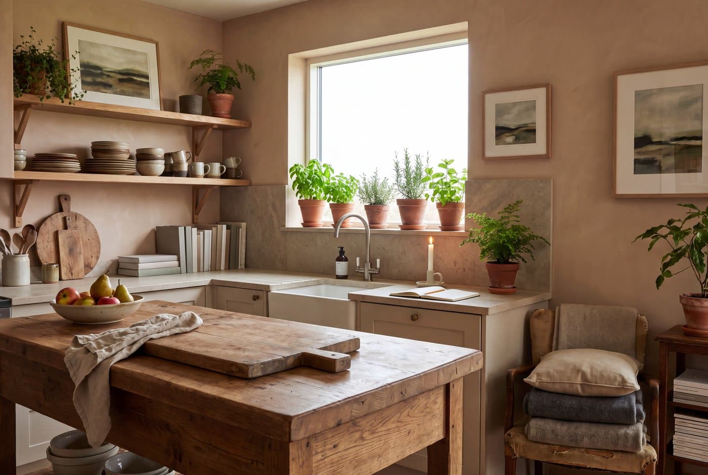 A biophilic kitchen with a timber island top, open shelving of real ceramics and herbs growing on a clear windowsill