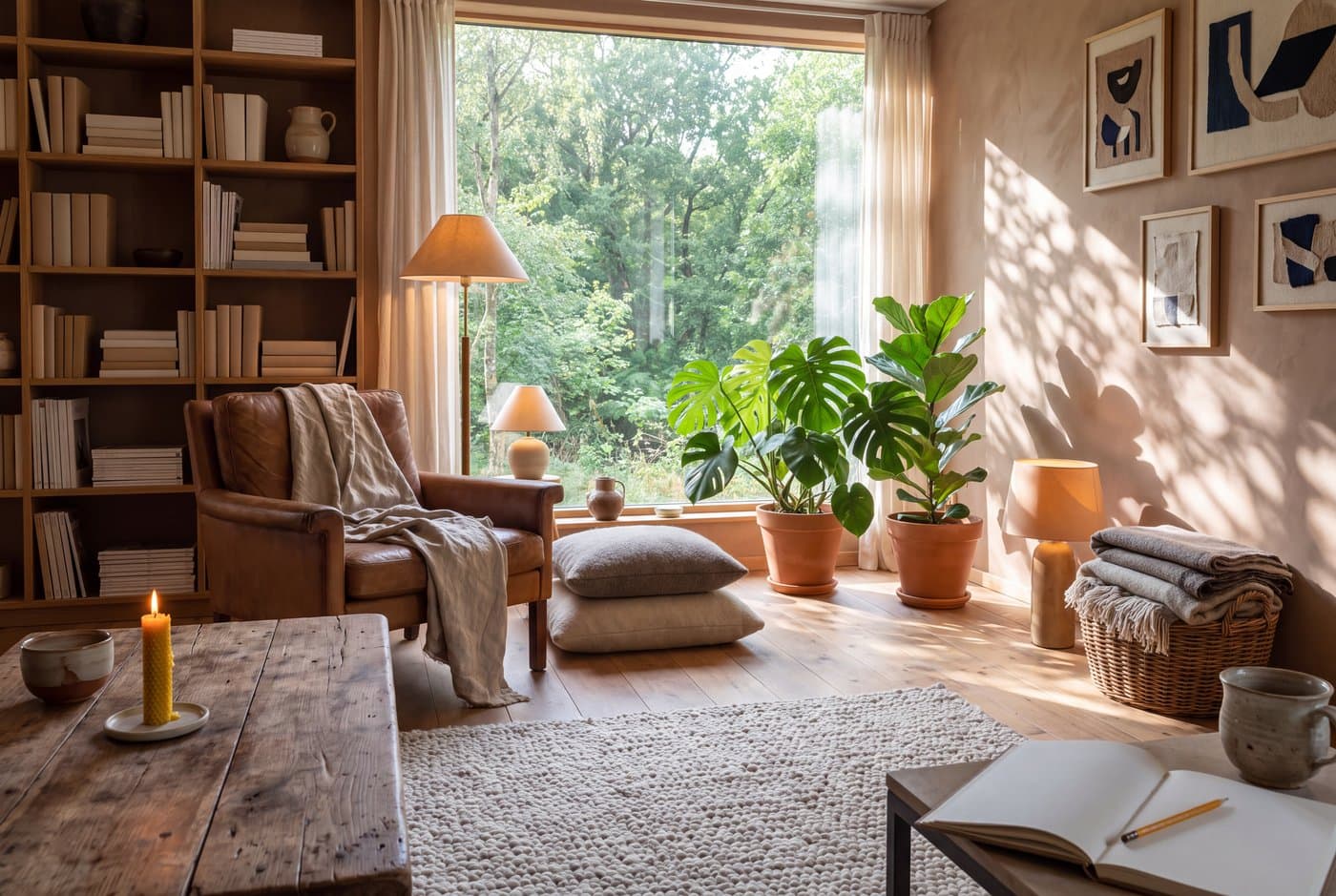 A biophilic living room with the window completely clear, an armchair backed by a bookcase facing a long green view, and two large plants