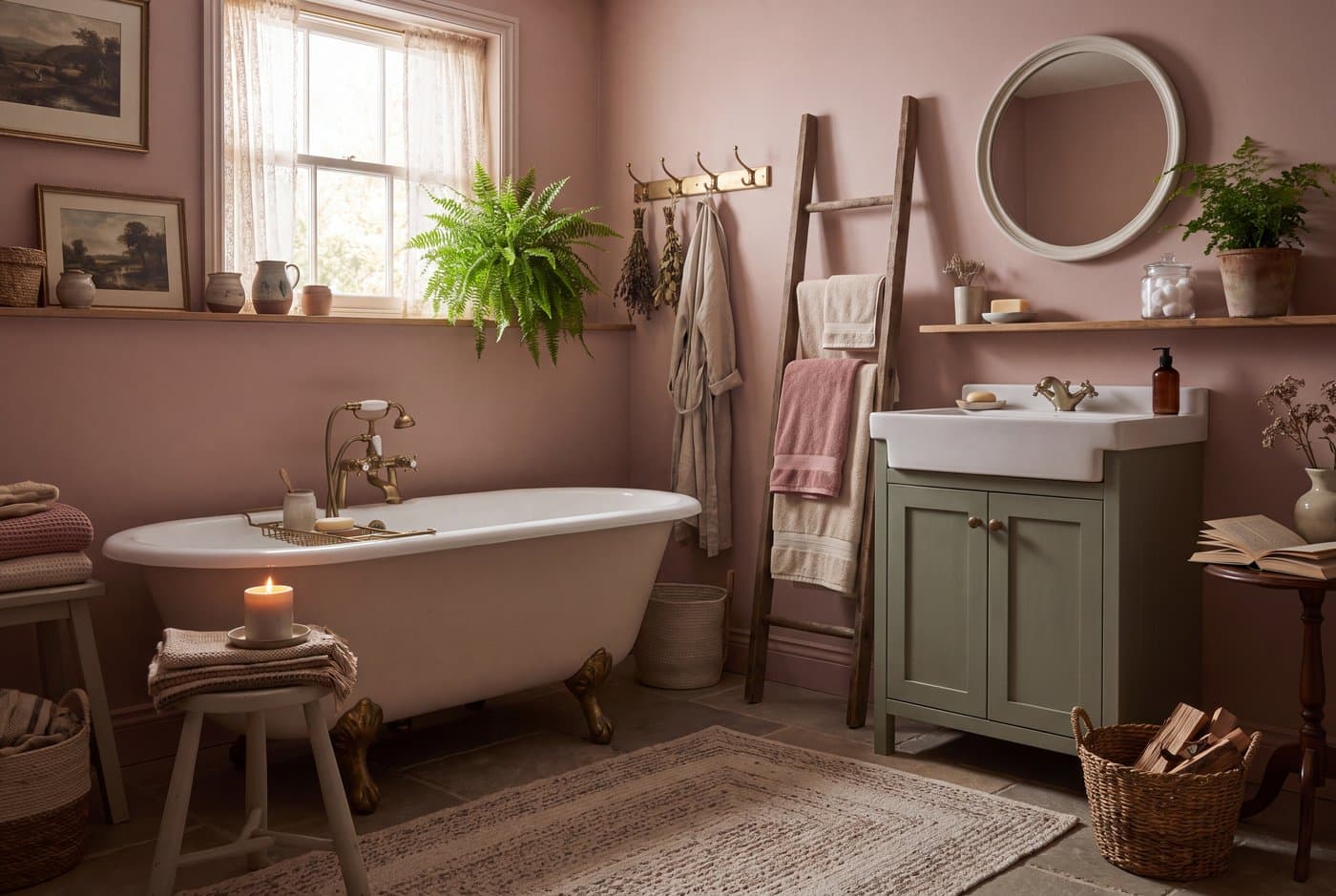 A cottagecore bathroom with a freestanding tub on brass feet, a painted vanity, a round mirror and towels folded on a wooden ladder