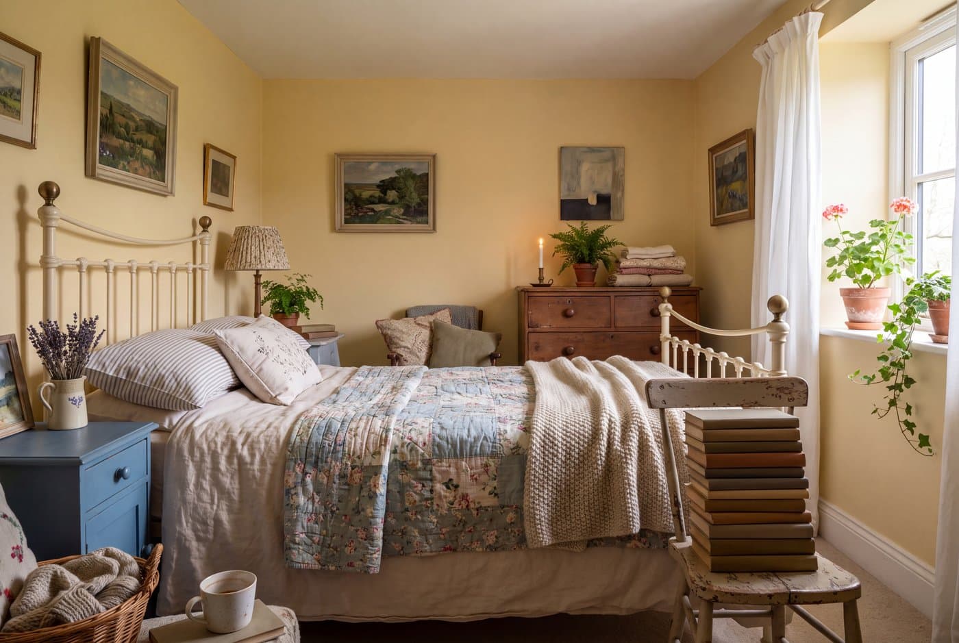 A cottagecore bedroom with a painted iron bed frame, a faded floral quilt, mismatched pillowcases and dried flowers on a painted nightstand