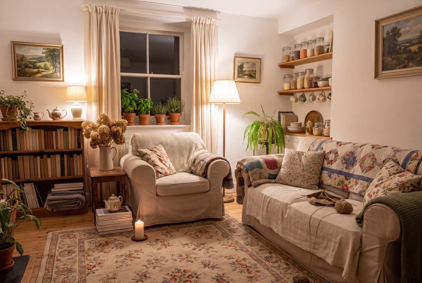A cottagecore rental living space carried by textiles: high-hung cotton curtains, a patterned rug and layered slip-covered upholstery