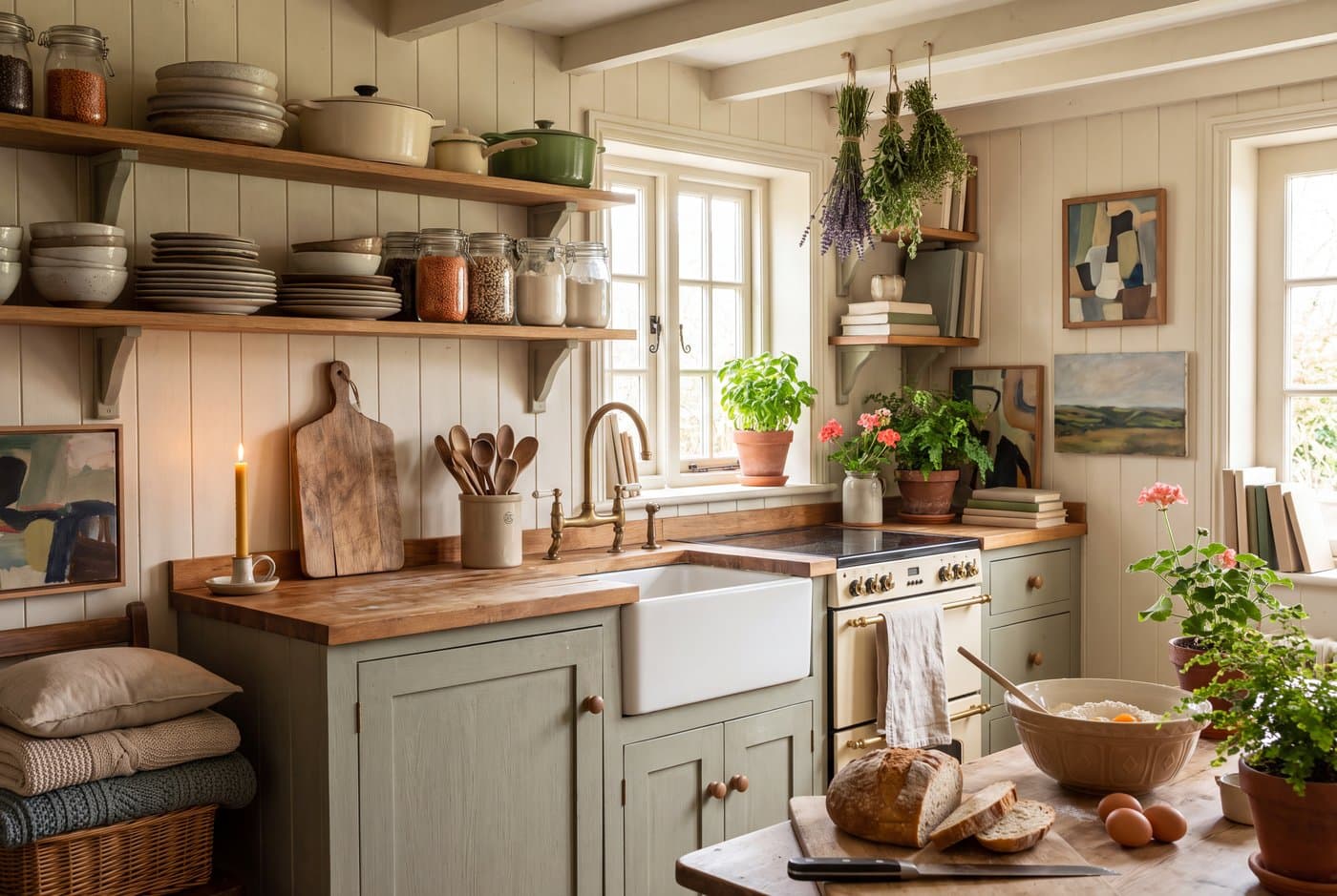 A cottagecore kitchen with sage painted cabinets, open shelves of mismatched stoneware, a farmhouse sink and drying herbs