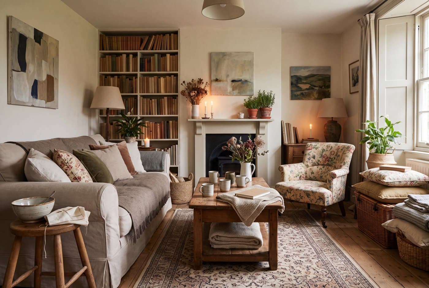 A cottagecore living room with a slip-covered sofa, a mismatched floral armchair, a worn wooden coffee table and a full bookcase