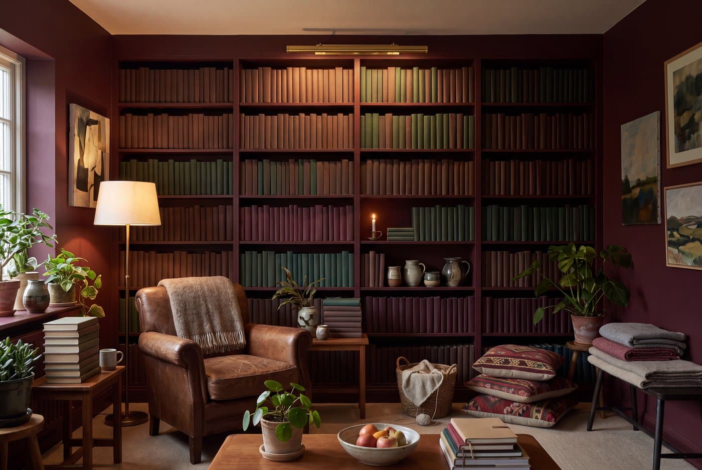 A full-height bookwall painted the same oxblood as the walls, filled edge to edge, with a picture light above and a leather reading chair
