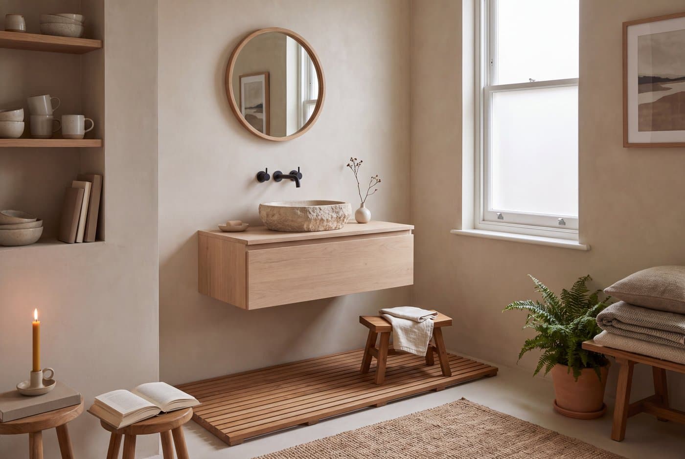 A japandi bathroom with a timber vanity, a stone basin, a teak duckboard and matte black tapware against microcement walls