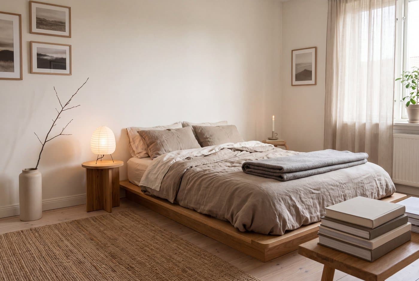 A japandi bedroom with a low oak platform bed, undyed linen bedding, a single branch in a ceramic vessel and a paper shade lamp