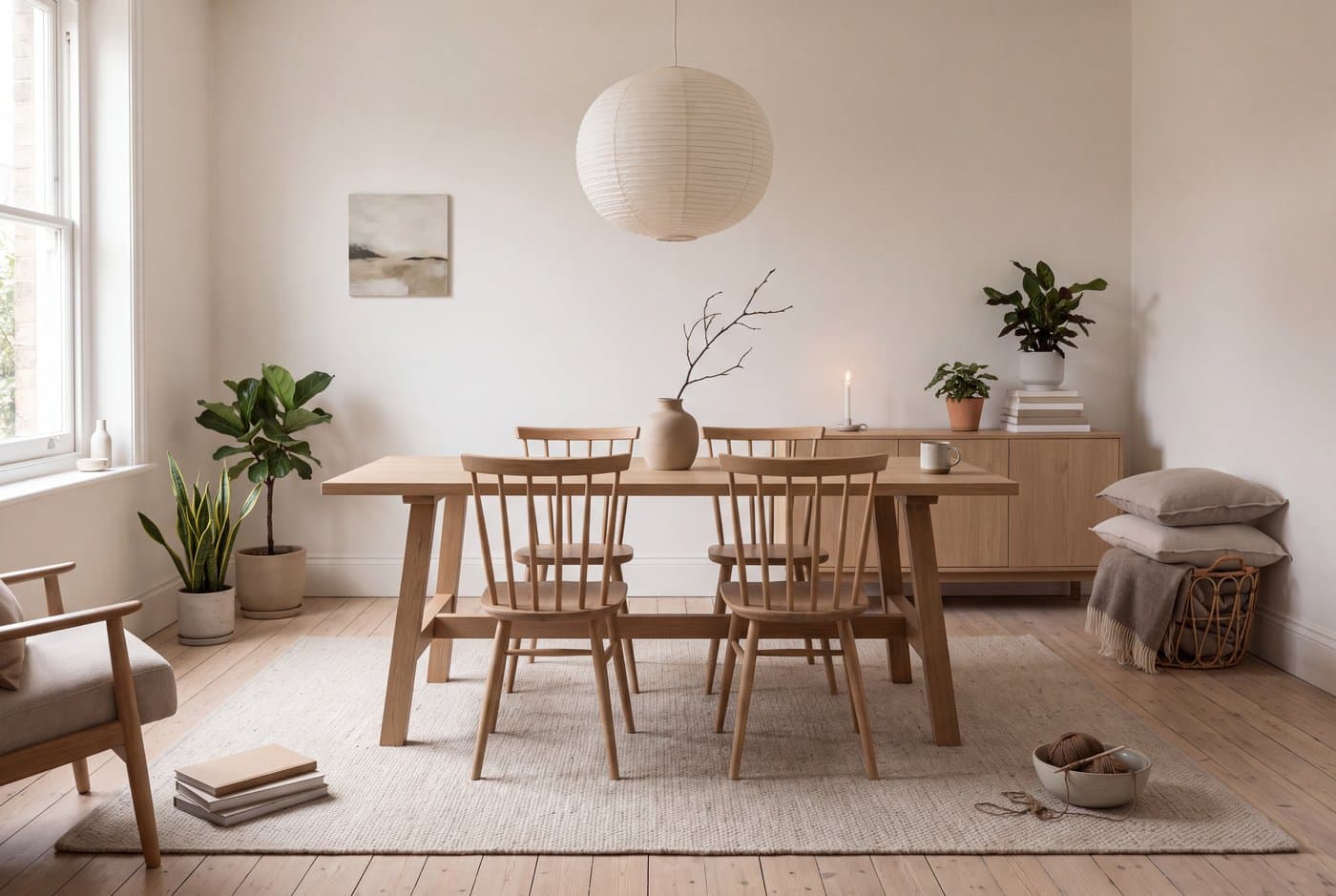 A japandi dining room with a solid oak table, spindle-backed chairs, a paper pendant hung low and a single ceramic vessel