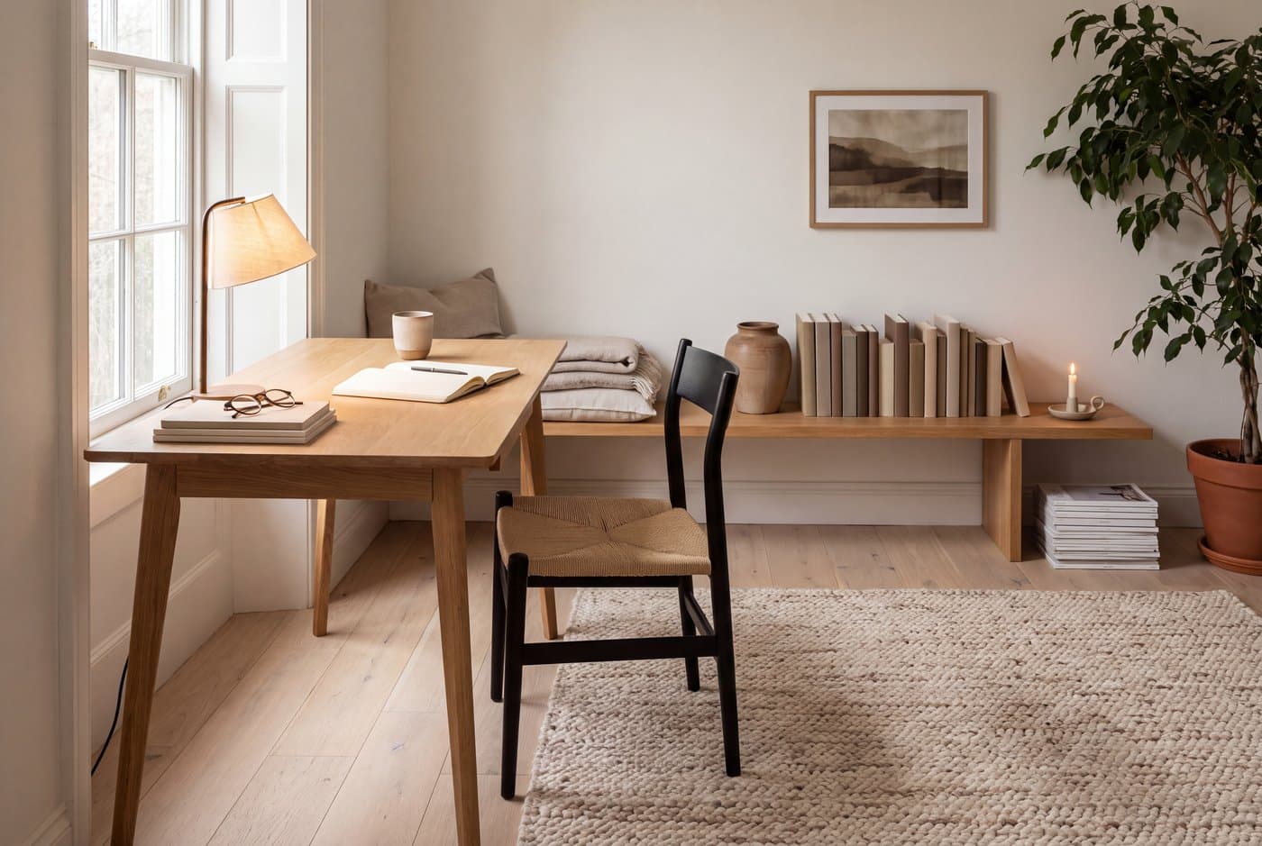 A japandi home office with a slim oak desk set perpendicular to the window, a black-framed chair and a low shelf of plain-bound books