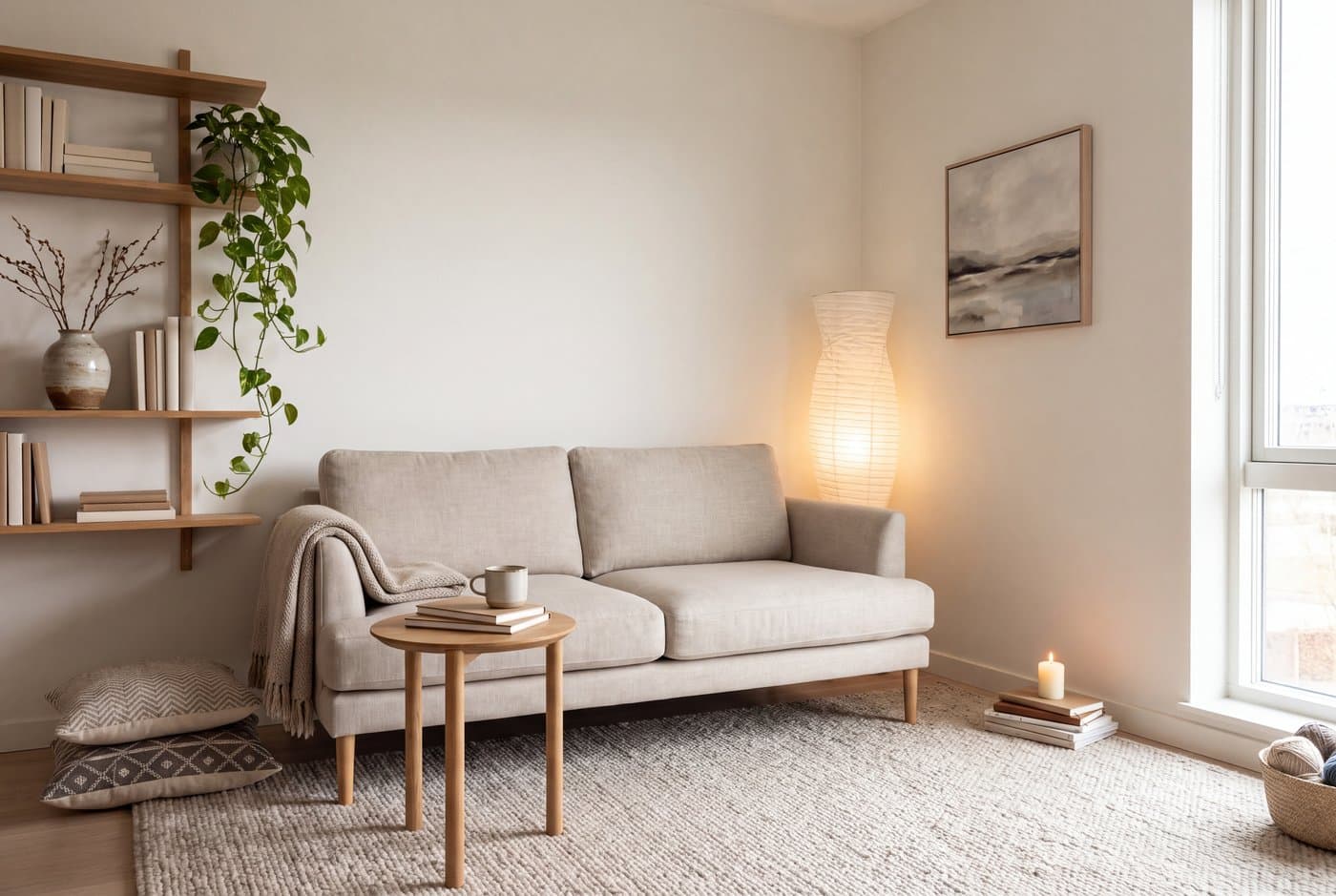 A small japandi apartment living space with wall-mounted oak shelving, a compact sofa on visible legs and a clear floor plane