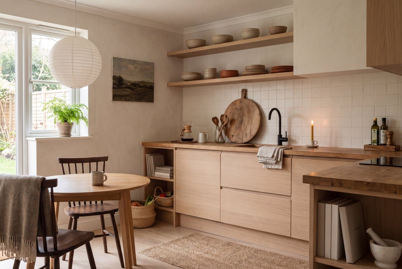 A japandi kitchen with handleless pale oak cabinets, a wooden countertop, open shelving of unglazed stoneware and a paper pendant