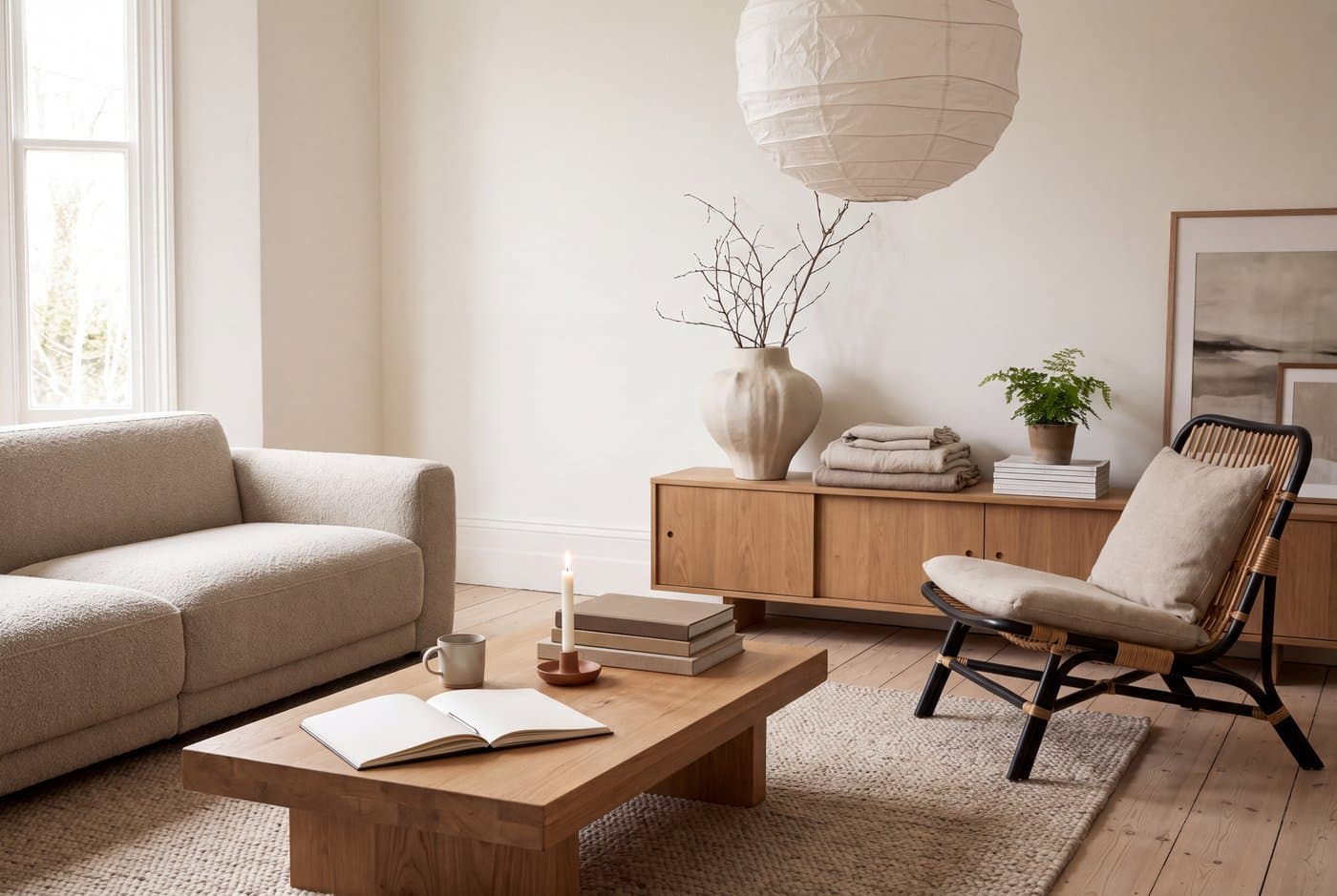 A japandi living room with a low undyed boucle sofa, a solid oak coffee table, a black-framed rattan chair and one large ceramic vessel on a long sideboard