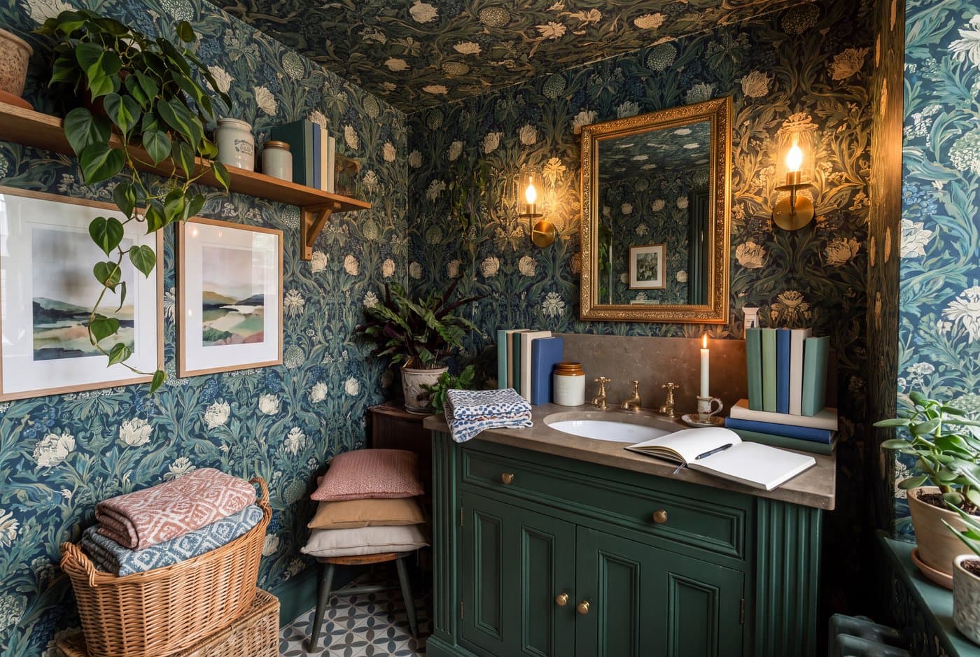 A maximalist bathroom papered floor to ceiling including the ceiling, with an antique vanity, brass fittings and a gilt mirror