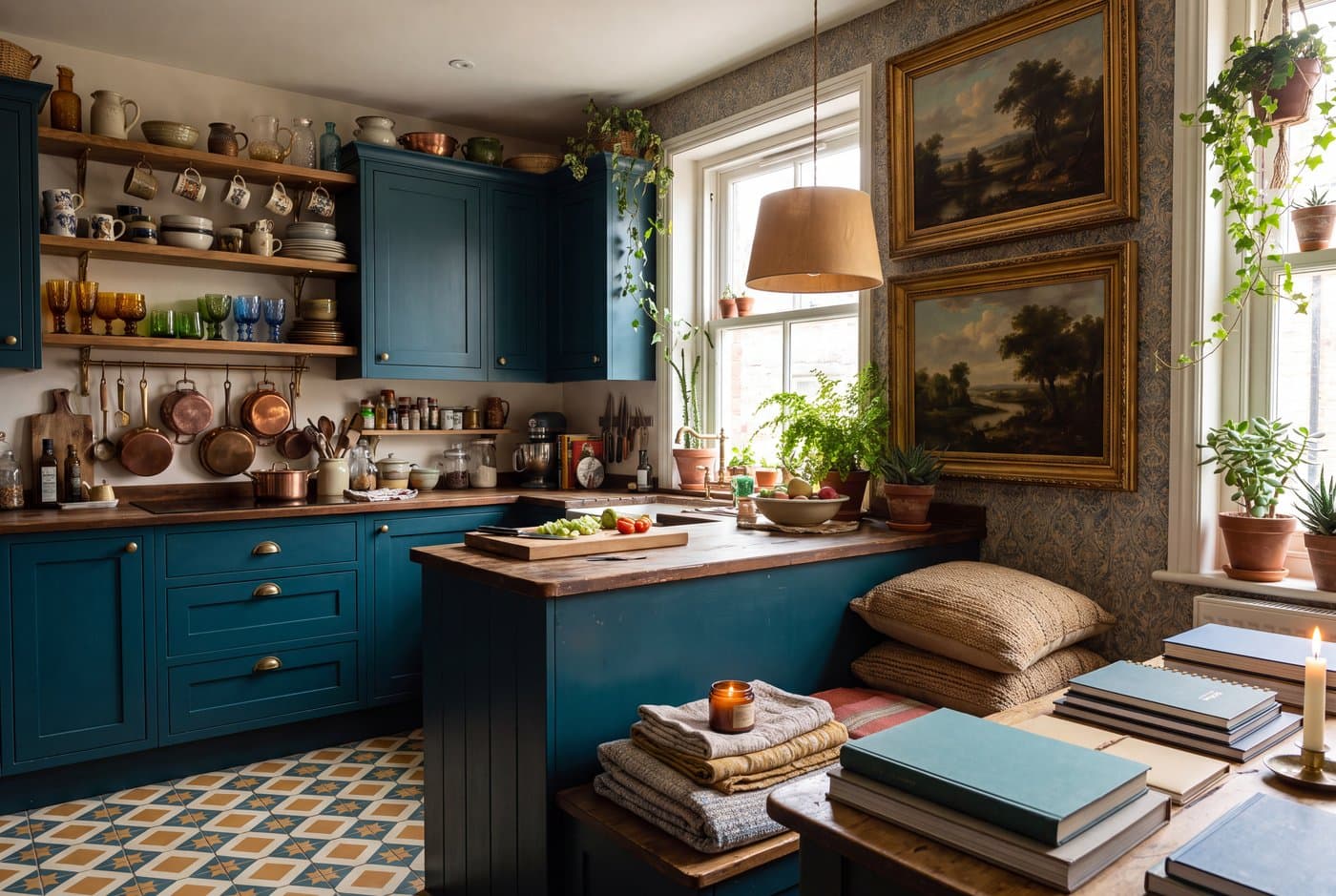 A maximalist kitchen with deep teal cabinetry, an encaustic patterned floor, mixed ceramics on open shelves and framed art on the wall