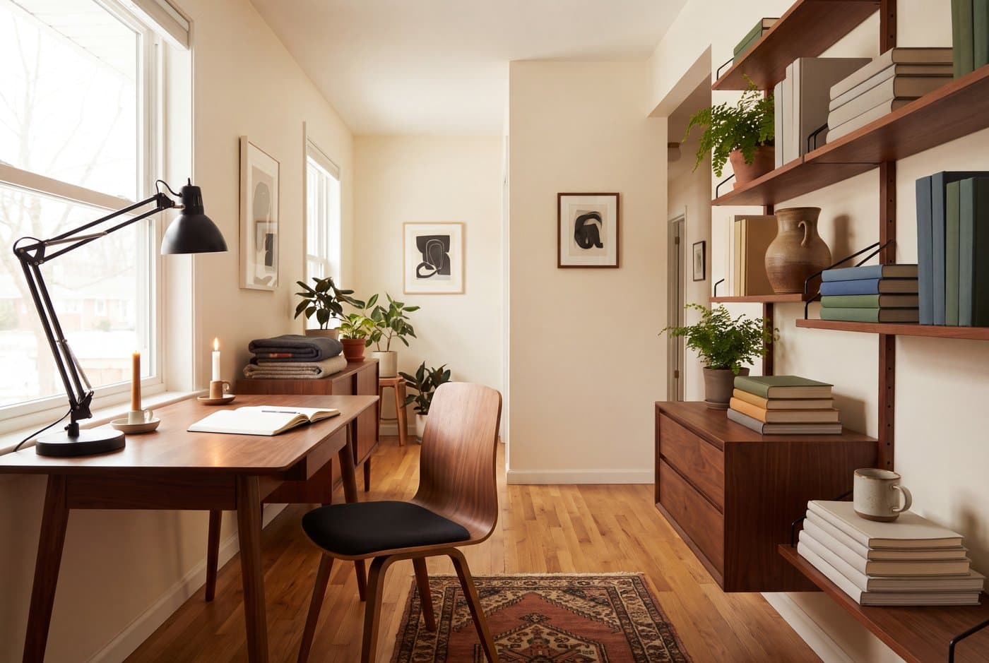 A mid century modern home office with a slim walnut desk on tapered legs set perpendicular to the window and a wall-mounted shelf unit
