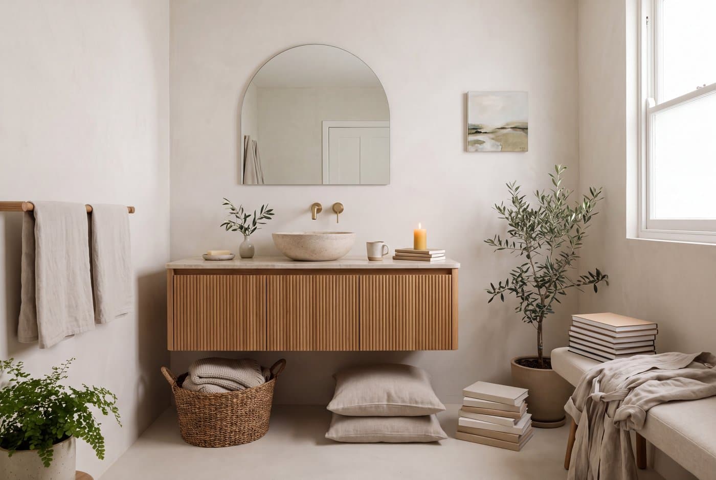 An organic modern bathroom with microcement walls, a reeded timber vanity, a stone vessel basin and an arched frameless mirror
