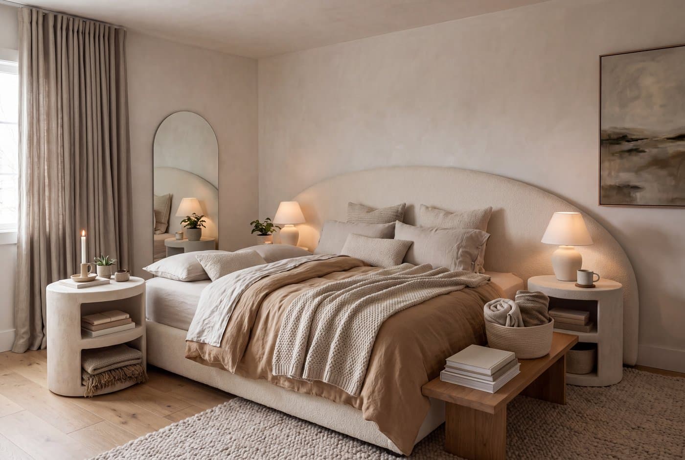 An organic modern bedroom with a curved boucle headboard, tonal neutral bedding, rounded plaster nightstands and an arched mirror