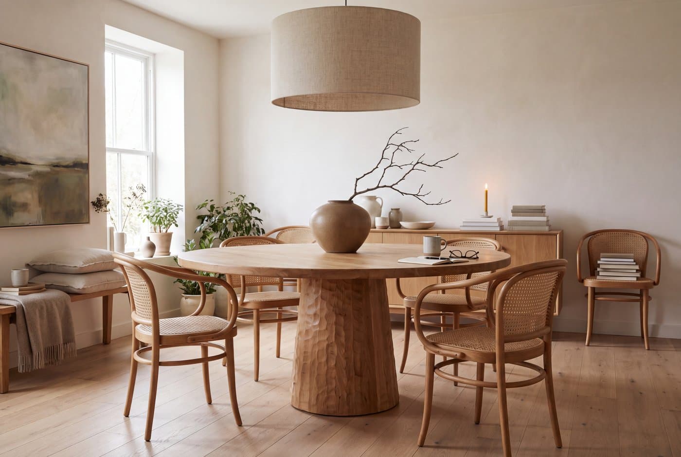 An organic modern dining room with a round timber table on a thick column base, curved cane-back chairs and an oversized linen pendant