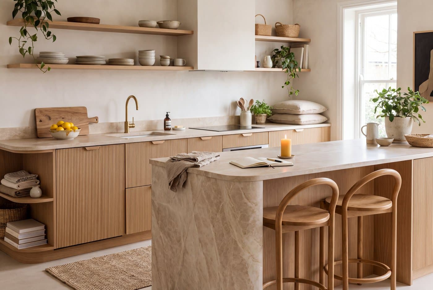 An organic modern kitchen with reeded white oak cabinet fronts and a warm limestone waterfall island with a curved end