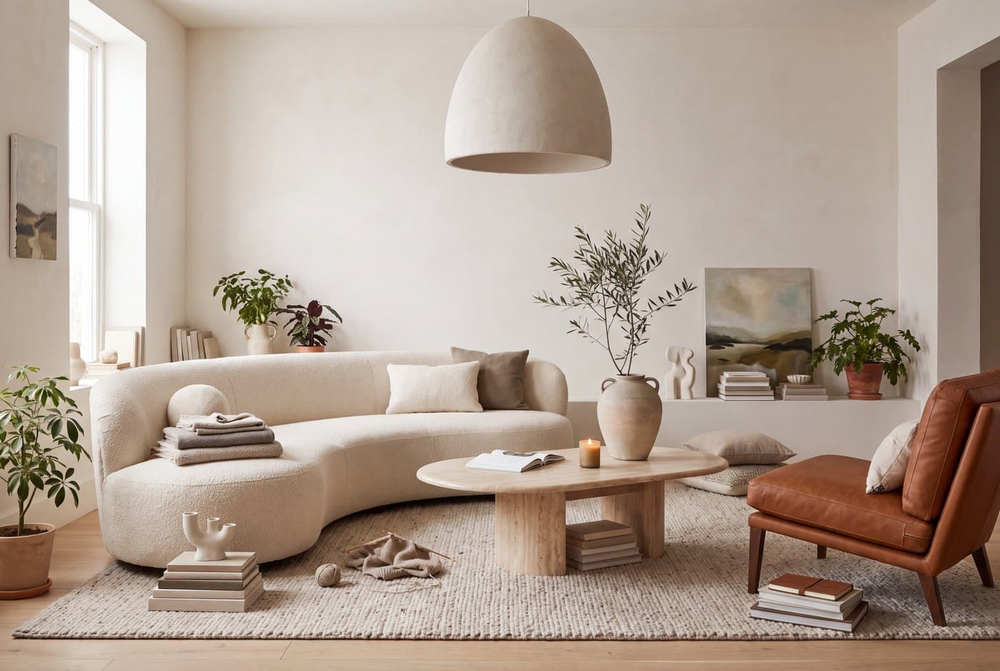 An organic modern living room with a curved cream boucle sofa, a travertine coffee table and an oversized plaster pendant