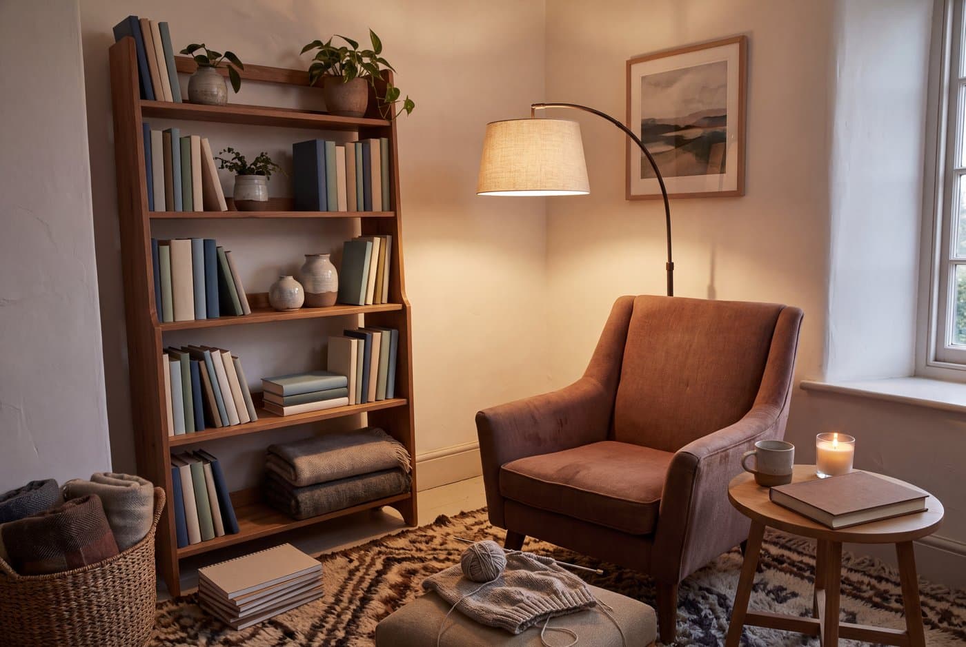 A corner reading nook with the chair angled across the corner at forty-five degrees, an arched floor lamp behind and a round side table