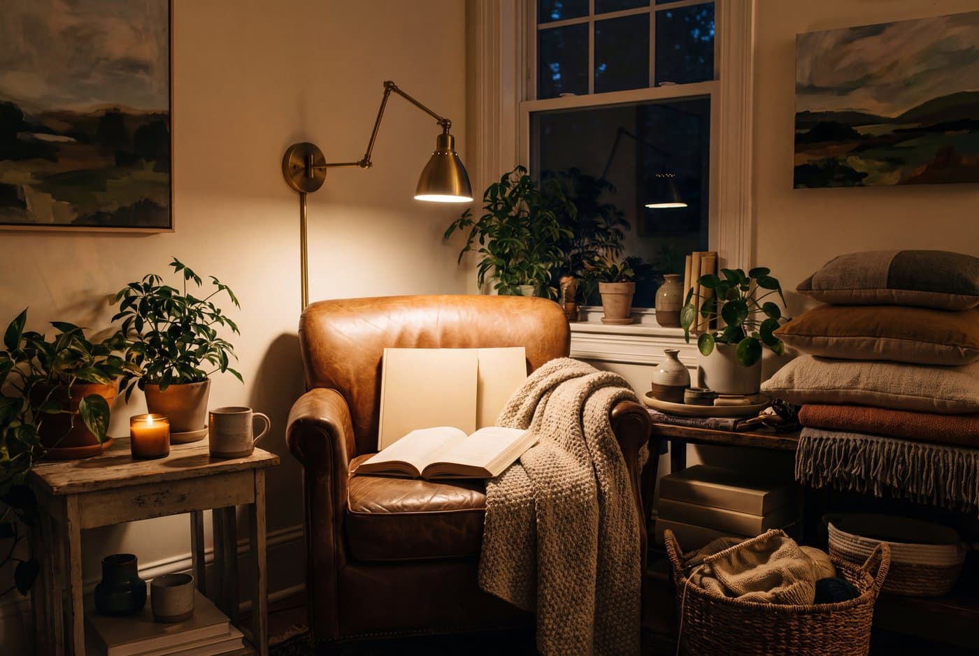 A reading nook lit correctly: a swing-arm wall sconce positioned behind and above one shoulder, casting warm light onto an open book
