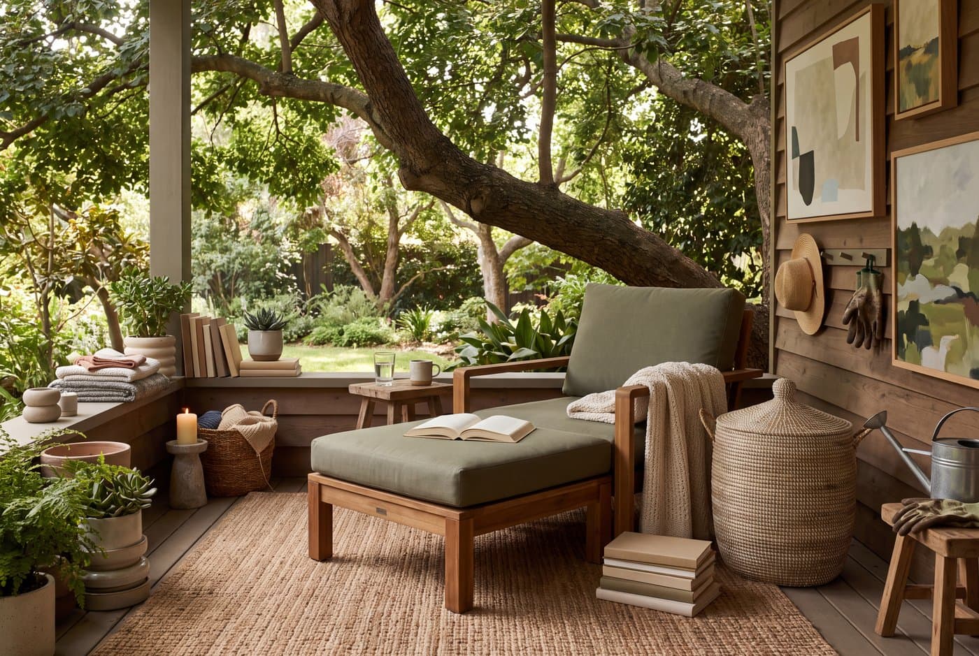 A shaded outdoor reading nook with a deep-backed lounge chair under a tree, a weatherproof cushion, a side table and a basket for cushions