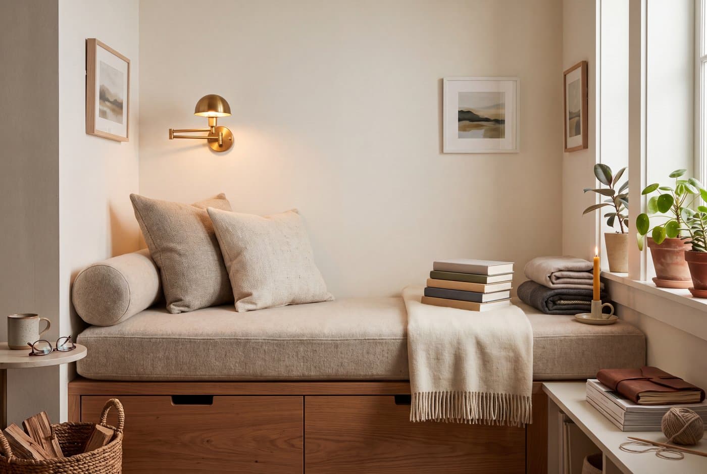 A reading nook bench in an alcove with a thick cushion, a firm bolster for back support and drawers beneath