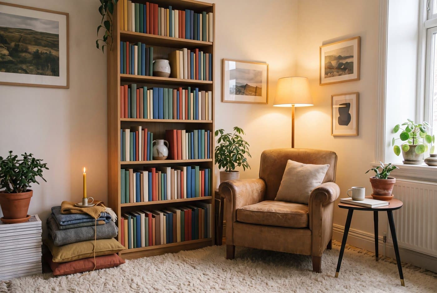 A tall narrow bookcase set directly beside a reading chair, walling the nook in and reachable from the seat